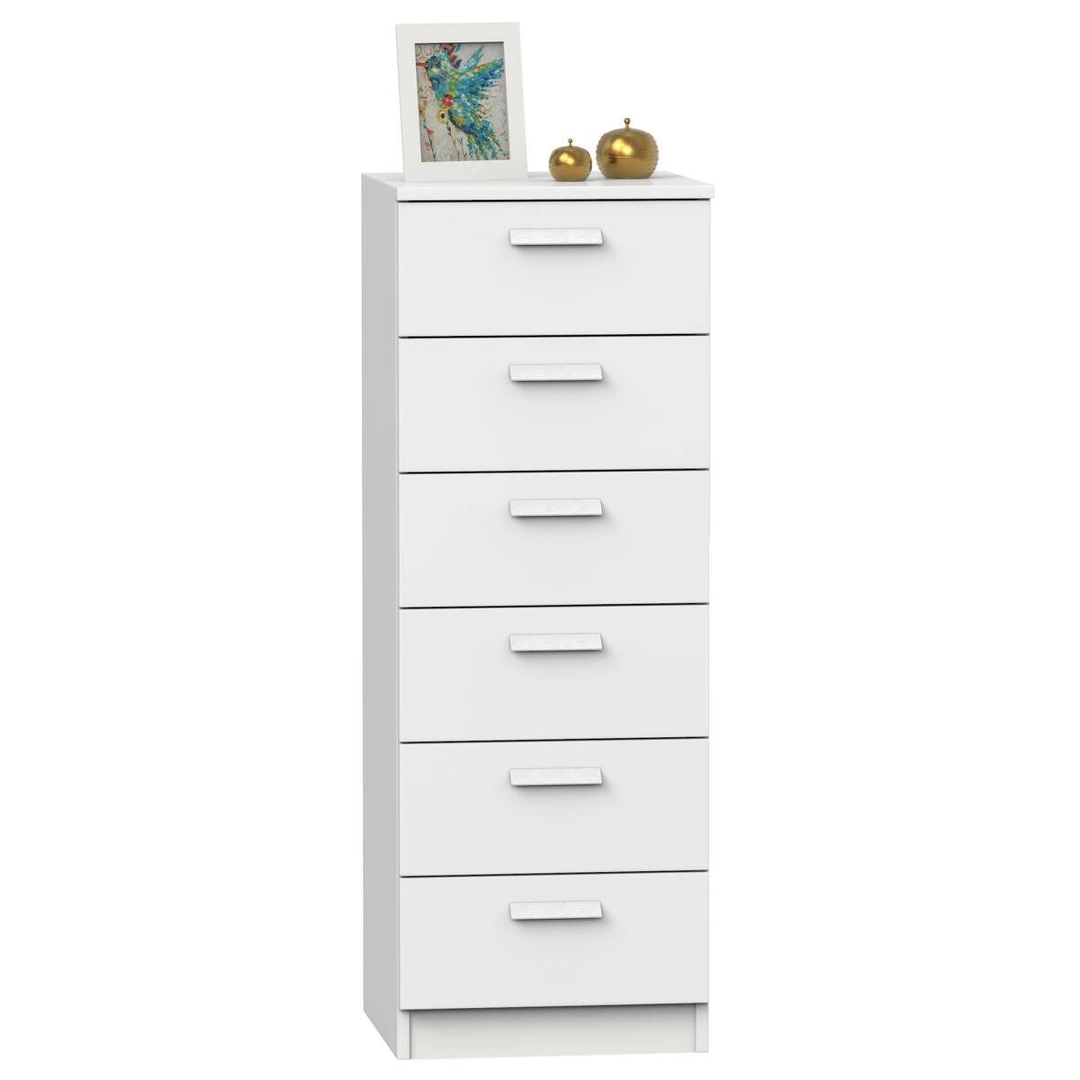 Sinfonier con 6 cajones en melamina color blanco mate 40x40x110 cm para dormitorios grandes y juveniles