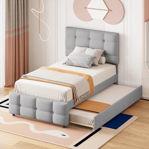Cama com gavetão estofada 90x200cm - cabeceira regulável - tecido de linho - Cinzento
