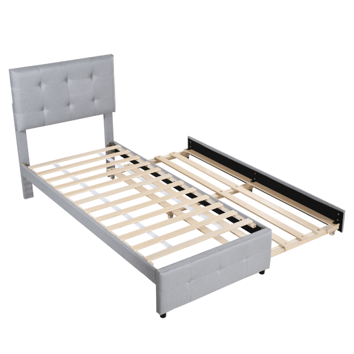 Cama com gavetão estofada 90x200cm - cabeceira regulável - tecido de linho - Cinzento
