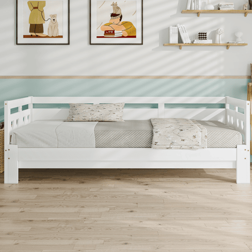 Cama de rodízio em pinho maciço - 90(180)x190cm - com estrado de molas - Branco