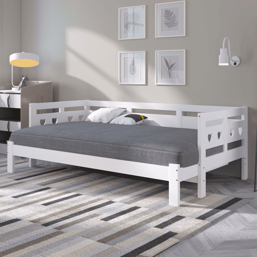 Cama de rodízio em pinho maciço - 90(180)x190cm - com estrado de molas - Branco