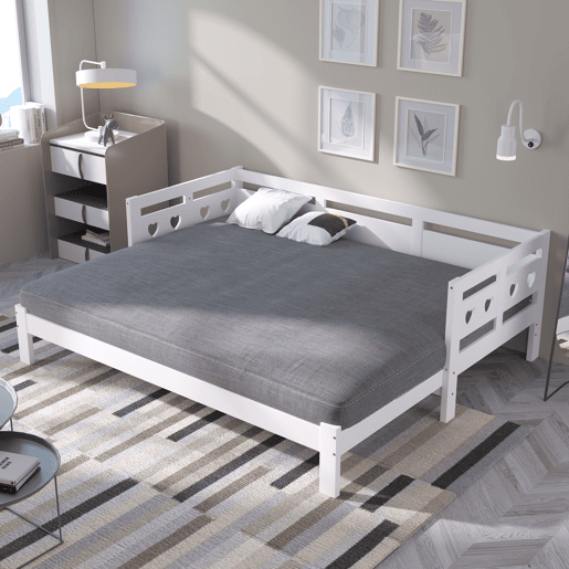 Cama de rodízio em pinho maciço - 90(180)x190cm - com estrado de molas - Branco