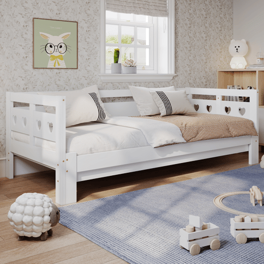 Cama de rodízio em pinho maciço - 90(180)x190cm - com estrado de molas - Branco