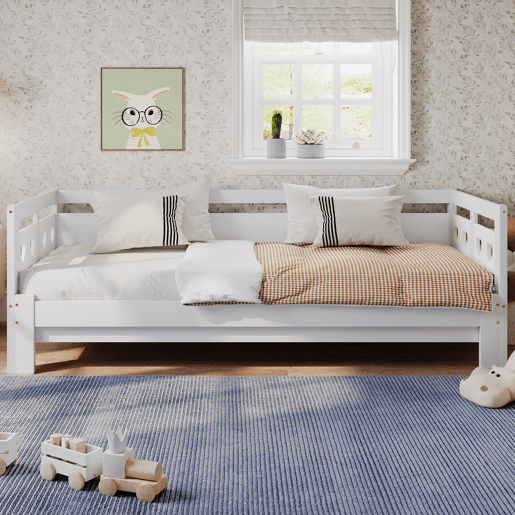 Cama de rodízio em pinho maciço - 90(180)x190cm - com estrado de molas - Branco