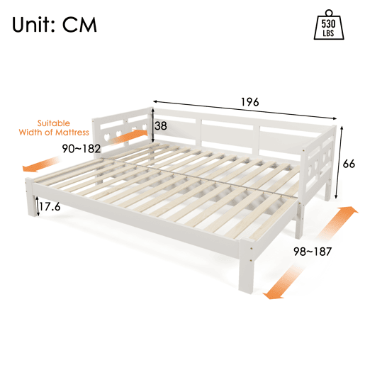 Cama de rodízio em pinho maciço - 90(180)x190cm - com estrado de molas - Branco