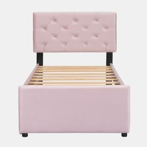 Cama individual 90x200cm em veludo - com cama de rodízio - com estrado de ripas - Rosa (colchão não incluído)