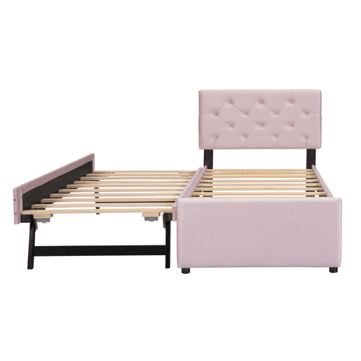 Cama individual 90x200cm em veludo - com cama de rodízio - com estrado de ripas - Rosa (colchão não incluído)
