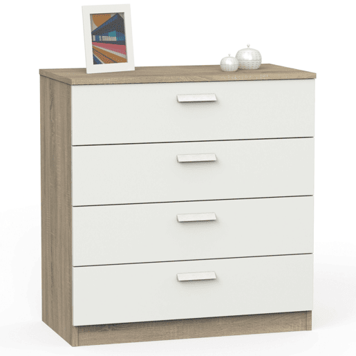 Cômoda moderna Tibet 4C para quarto, carvalho cambriano e branco 74x78 cm Cômoda moderna Tibet 4C para quarto, carvalho cambriano e branco 74x78 cm