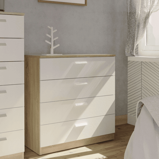 Cômoda moderna Tibet 4C para quarto, carvalho cambriano e branco 74x78 cm Cômoda moderna Tibet 4C para quarto, carvalho cambriano e branco 74x78 cm