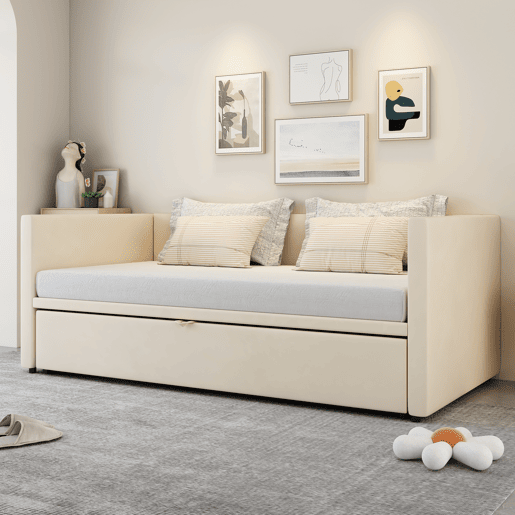 Cama de rodízio de veludo com estrado de ripas - 90180x200cm - Bege