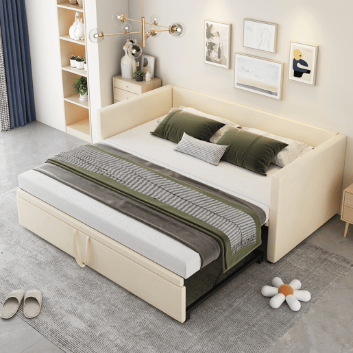 Cama de rodízio de veludo com estrado de ripas - 90180x200cm - Bege