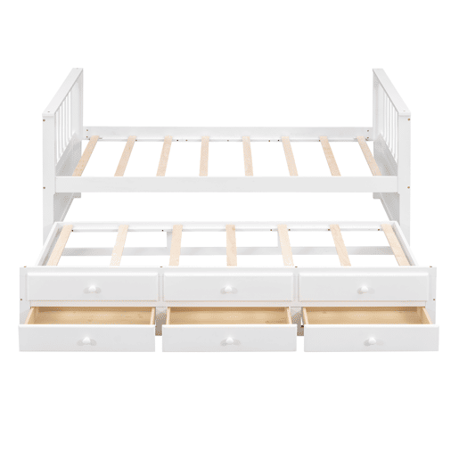 Cama de madeira 90x200 cm com cama de rodízio 90x190 cm - 3 gavetas - Branco