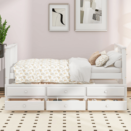 Cama de madeira 90x200 cm com cama de rodízio 90x190 cm - 3 gavetas - Branco
