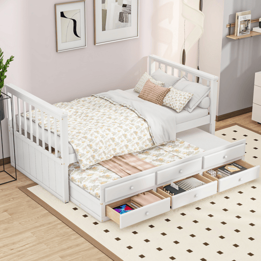 Cama de madeira 90x200 cm com cama de rodízio 90x190 cm - 3 gavetas - Branco