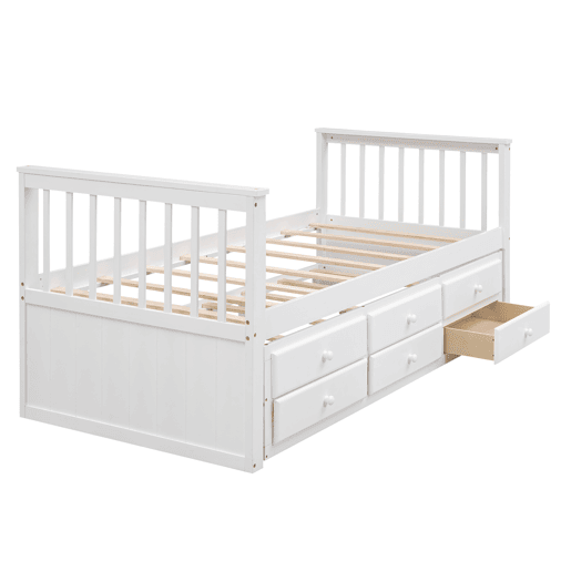 Cama de madeira 90x200 cm com cama de rodízio 90x190 cm - 3 gavetas - Branco