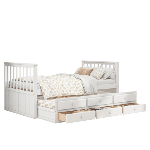 Cama de madeira 90x200 cm com cama de rodízio 90x190 cm - 3 gavetas - Branco