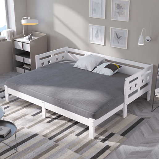 Cama de rodízio em pinho maciço - 90(180)x200cm - com estrado de molas - Branco