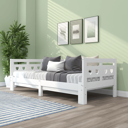 Cama de rodízio em pinho maciço - 90(180)x200cm - com estrado de molas - Branco