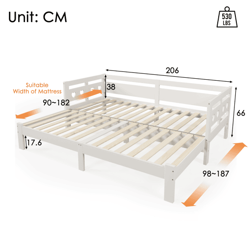 Cama de rodízio em pinho maciço - 90(180)x200cm - com estrado de molas - Branco