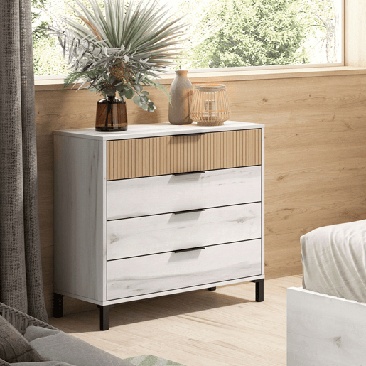 Cômoda Arles 4 gavetas Albo carvalho branco e listrado 80x80 cm Cômoda Arles 4 gavetas Albo carvalho branco e listrado 80x80 cm