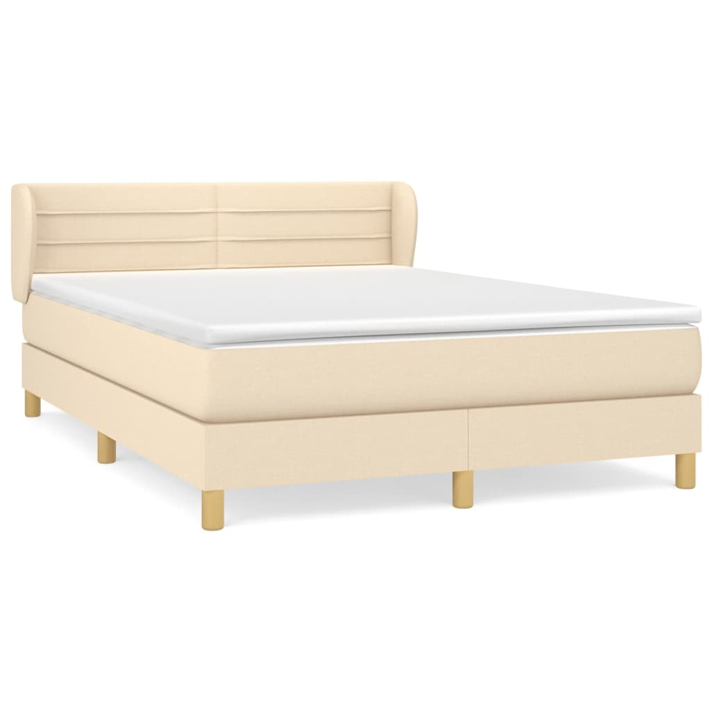 Cama box spring con colchón tela color crema 140x200 cm rayas horizontales