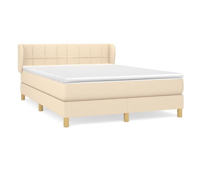 Cama box spring con colchón tela color crema 140x190 cm bloques con cuadros