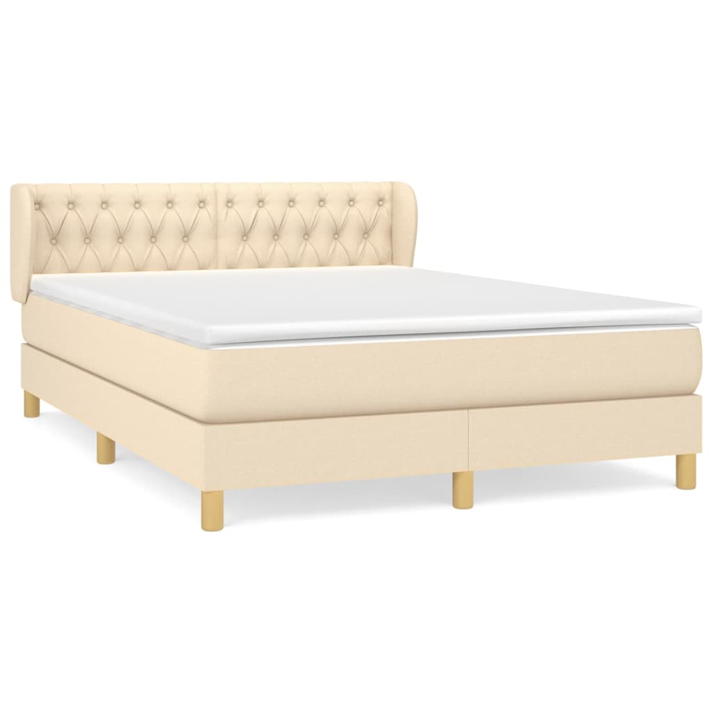 Cama box spring con colchón tela color crema 140x200 cm diseño de botones