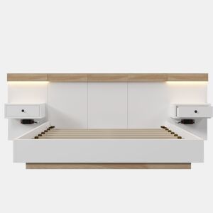 Cama para adultos 140x200 cm com mesas de cabeceira suspensas + portas LED e USB + estrado - madeira - branco