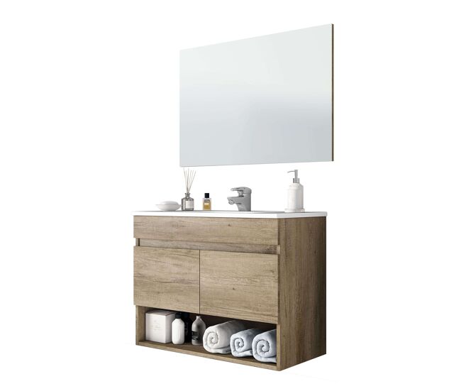 Conjunto mobiliario aseo con mueble suspendido 2 puertas y hueco, espejo, lavamanos de pmma y columna colgante de diseño actual y moderno