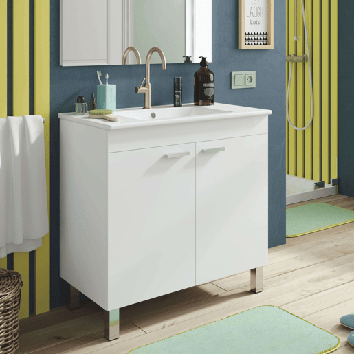 Móvel de banheiro Atenea com pés, 2 portas dobráveis, branco brilhante, 80 cm (sem pia)