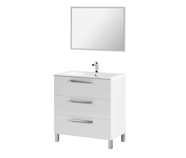 Pack de muebles de baño en blanco brillo (mueble baño + espejo + lavabo cerámico + columna auxiliar)