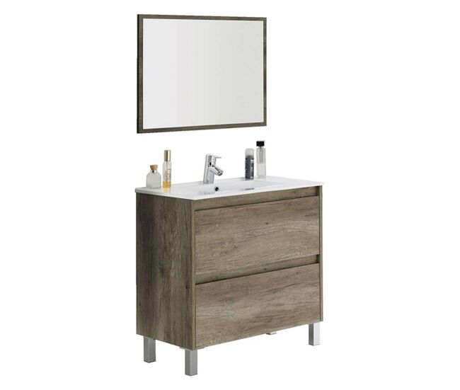 Conjunto mobiliario baño mueble lavabo + columna + espejo + lavabo pmma color roble diseño moderno