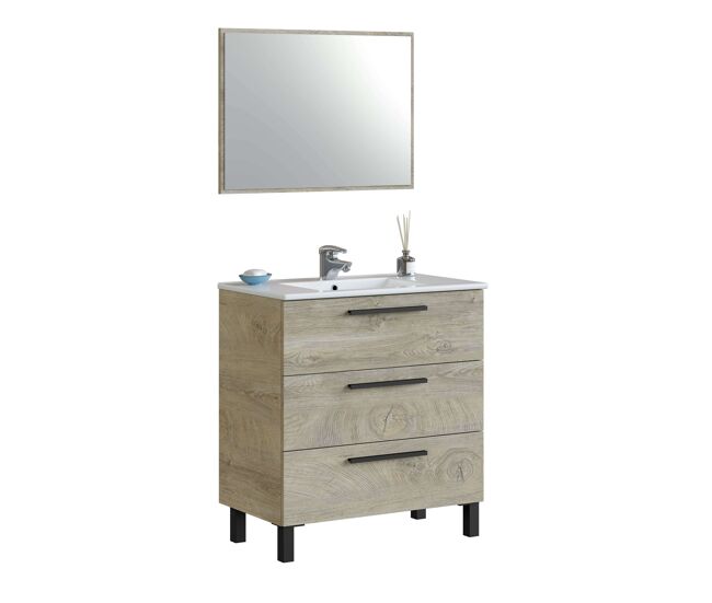 Pack baño completo roble alaska mueble baño, columna de baño, espejo y lavabo cerámico incluido