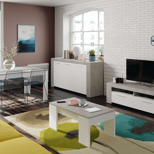 Pacote de móveis para sala de jantar cor cimento e branco Sala industrial (mesa de centro + aparador + mesa de jantar)