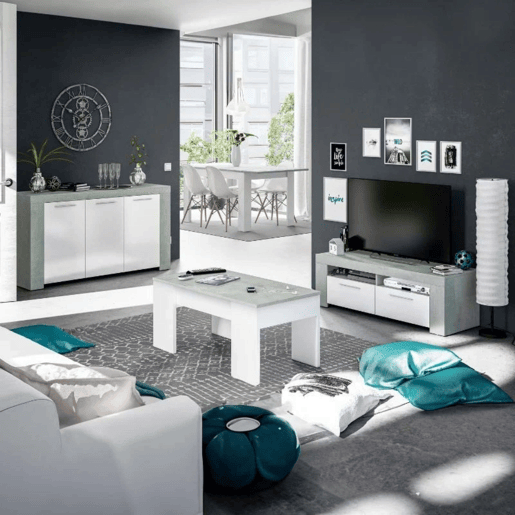 Pacote de móveis de sala Plutão com design moderno (mesa de TV + mesa de centro + mesa de jantar + aparador) Pacote de móveis de sala Plutão com design moderno (mesa de TV + mesa de centro + mesa de jantar + aparador)
