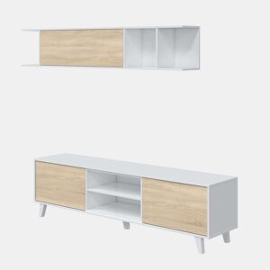 Pacote completo de móveis de sala branco e carvalho (móveis de sala + aparador + mesa de centro elevatória)