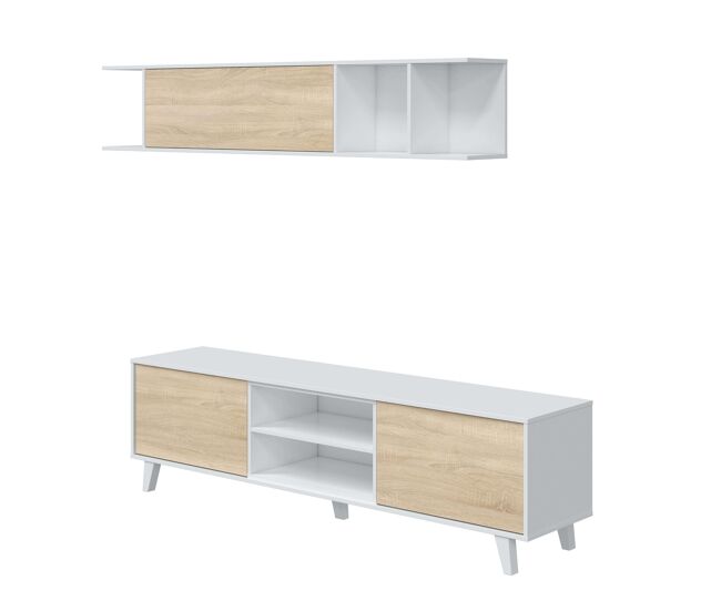 Pack muebles para salón completo color blanco y roble (mueble de salón + aparador + mesa de centro elevable)
