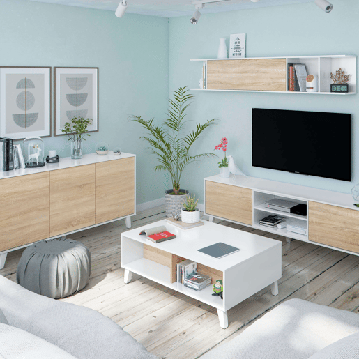 Pacote completo de móveis de sala branco e carvalho (móveis de sala + aparador + mesa de centro elevatória) Pacote completo de móveis de sala branco e carvalho (móveis de sala + aparador + mesa de centro elevatória)