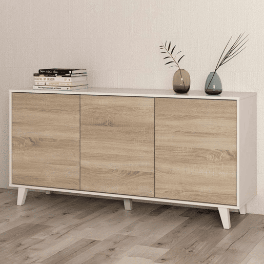 Pacote completo de móveis de sala branco e carvalho (móveis de sala + aparador + mesa de centro elevatória) Pacote completo de móveis de sala branco e carvalho (móveis de sala + aparador + mesa de centro elevatória)