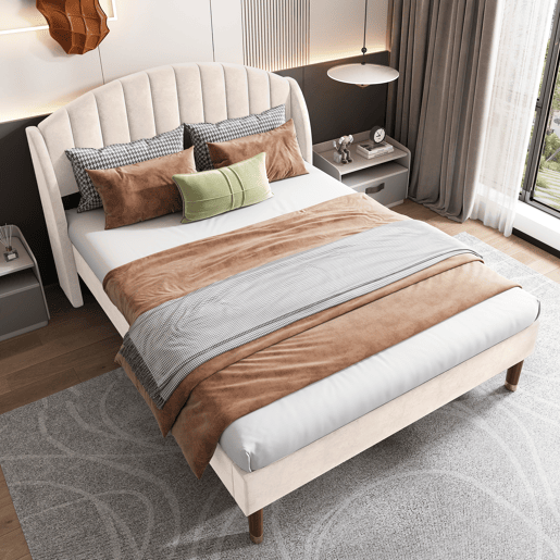 Cama estofada 140x190cm em veludo com base de ripas - Bege