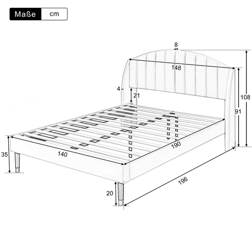 Cama estofada 140x190cm em veludo com base de ripas - Bege