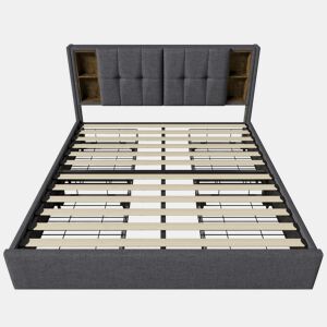 Cama estofada em linho com gavetas 160x200 cm - com carregamento sem fios e estrado - Cinzento