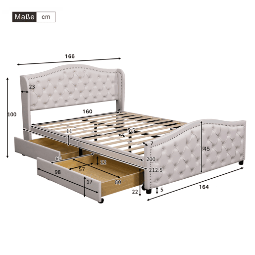 Cama de adulto estofada em imitação de pele - 160x200cm - com 2 gavetas - Branco