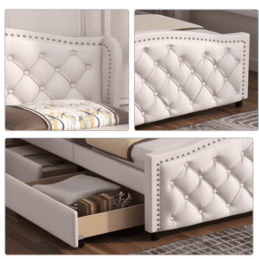 Cama de adulto estofada em imitação de pele - 160x200cm - com 2 gavetas - Branco