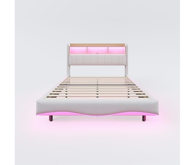 Cama de adulto 140x200 cm en tejido de lino - cabecero con almacenaje con led y enchufes - beige