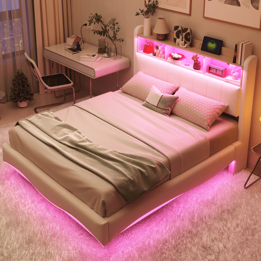 Cama de adulto 140x200 cm em tecido de linho - cabeceira com arrumação com LED e tomadas - Bege