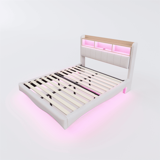 Cama de adulto 140x200 cm em tecido de linho - cabeceira com arrumação com LED e tomadas - Bege