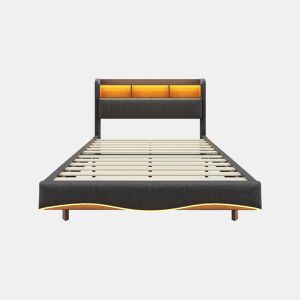 Cama de adulto 160x200 cm em tecido de linho - cabeceira com arrumação com LED e fichas - Cinzento