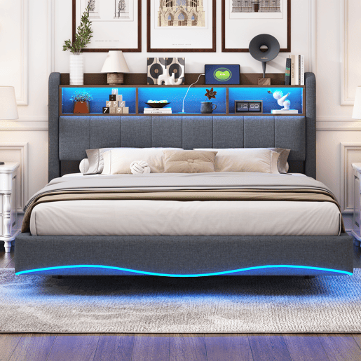 Cama de adulto 160x200 cm em tecido de linho - cabeceira com arrumação com LED e fichas - Cinzento