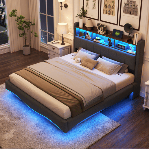 Cama de adulto 160x200 cm em tecido de linho - cabeceira com arrumação com LED e fichas - Cinzento